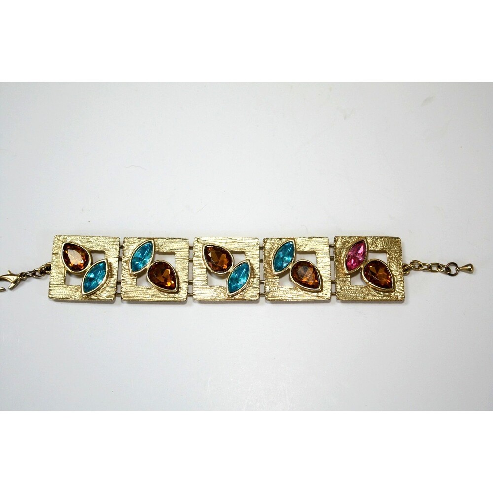 Glam Regency VTG Link Bracelet Gold Tone Blue Yellow Pink Rhinestones ESTATE
